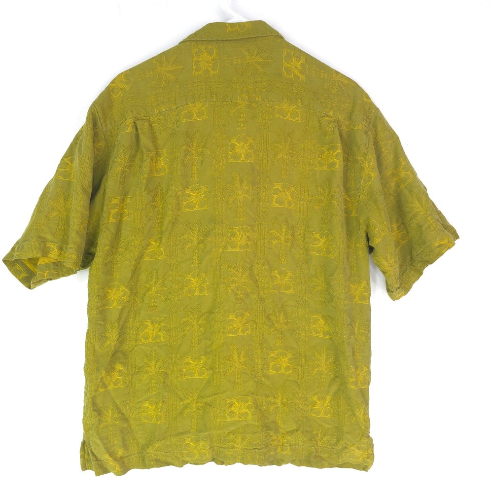 Tommy Bahama Mens Large Silk Embroidered Palm Floral Camp Shirt Mustard Green - Picture 7 of 11